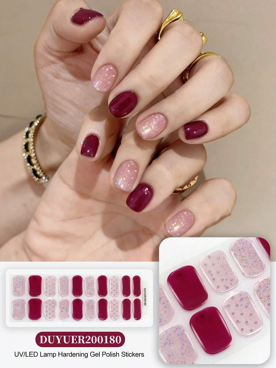 Miếng dán móng tay gel bán khô, 20 miếng, chất lượng salon, bền lâu, dễ dán và gỡ bỏ, có đèn UV.