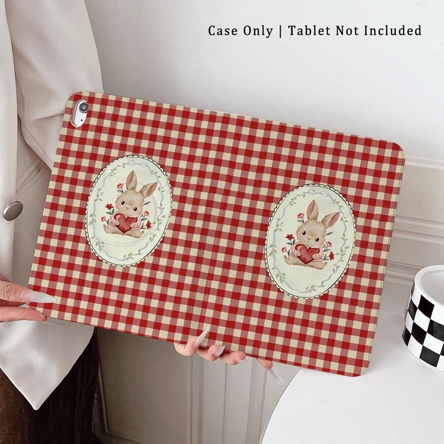 1 pieza Funda protectora para tableta con estampado de conejo a cuadros rojos, giratoria 360°, soporte magnético de varios ángulos con función de suspensión/activación automática, compatible con iPad PRO/AIR, , Pad 5/6/7, Matepad - Multicolor - Ver 1