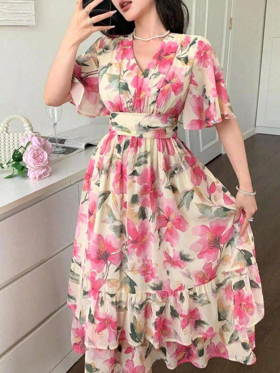 Vestido de longitud media con cuello en V, mangas con volantes y estampado floral para vacaciones, vestido de Pascua bohemio para mujer - Rosa coral - Ver 1