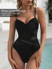 Swim Chiccia Traje de baño de una sola pieza para mujeres con pliegues unicolor y correa para la playa de verano - Negro - Ver 4