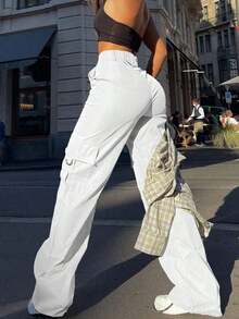 Pantalones cargo casuales negros de primavera con bolsillo con solapa lateral - Blanco - Ver 5
