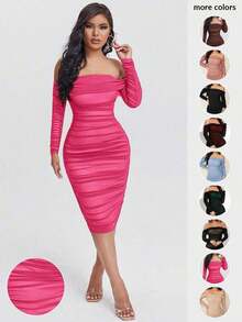 Vestido De Malla Entallado Con Hombros Descubiertos Con Pliegues - Rosa Fucsia - Ver 6