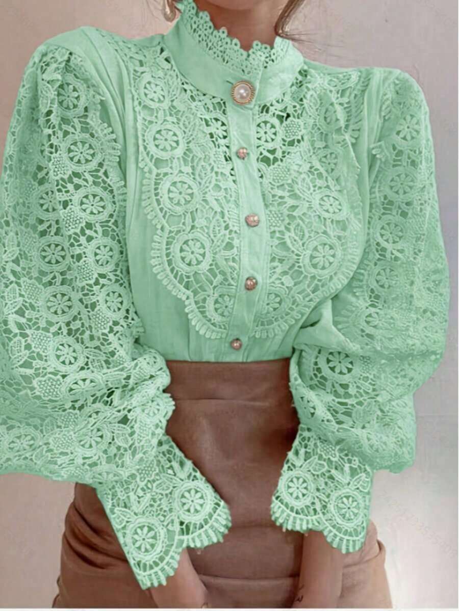 Blusa de primavera con cuello Mao de encaje floral y abotonadura hueca para mujer - Verde - Ver 1