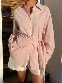 Blusa beige de manga larga con diseño de cintura ceñida, para uso casual y de oficina, estilo suelto y elegante para primavera y verano - Rosa - Ver 10