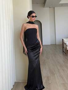 Vestido sirena largo suelo bandeau con cintura ajustada y combinación de satén, elegante y sensual para banquetes estilo moda europea femenina - Negro - Ver 4