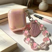 Funda protectora con diseño de concha brillante rosa y colgante de cuenta de corazón, compatible con estuche de carga Apple, resistente a arañazos y caídas - Multicolor - Ver 4