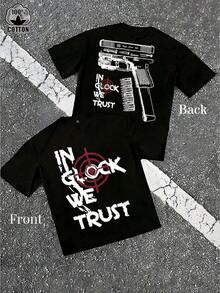 Camisetas Casuales Premium Unisex Bonitas [Camiseta Estampada] Camiseta de Hombre con Estampado de Pistola y Eslogan "Confía en Nosotros" - 1 Pieza, 100% Algodón, Tallas S a XXXL, Camiseta de Algodón de Manga Corta con Cuello Redondo para Hombre, Ideal para Primavera y Verano, Adecuada como Regalo. Nueva Camiseta Elegante 100% Algodón Puro, Cuello Redondo, Casual, Camiseta Básica de Manga Corta para Mujer - Negro - Ver 1