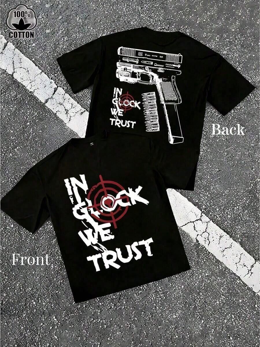 Camisetas Casuales Premium Unisex Bonitas [Camiseta Estampada] Camiseta de Hombre con Estampado de Pistola y Eslogan "Confía en Nosotros" - 1 Pieza, 100% Algodón, Tallas S a XXXL, Camiseta de Algodón de Manga Corta con Cuello Redondo para Hombre, Ideal para Primavera y Verano, Adecuada como Regalo. Nueva Camiseta Elegante 100% Algodón Puro, Cuello Redondo, Casual, Camiseta Básica de Manga Corta para Mujer - Negro - Ver 1