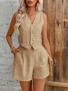 Women Two-Piece Outfits - Khaki - View 4