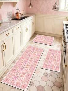 1 pezzo Tappetino da cucina in terra di diatomee rosa vintage con motivo floreale, patchwork a griglia rosa morbido, 3,5 mm tagliabile, assorbente e antiscivolo, tappetino decorativo per cucina, bagno, ingresso, soggiorno, corridoio, zerbino antiscivolo - Multicolore - Visualizzare 1
