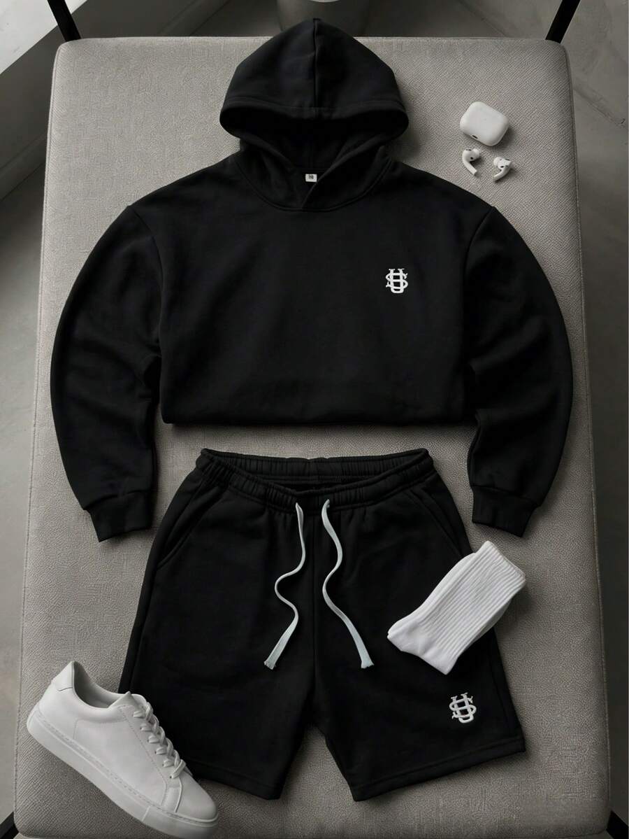 2pcs Men's Casual Hooded Sweatshirt Set, Fitness Suit, Shorts Set, Unisex, Suitable For Daily Wear & Home, 2 Pieces Set, Couples, Embroidered - Black - View 1