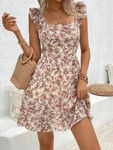 Vestido con estampado floral, dobladillo calado con volantes decorados, atuendo de vacaciones y playa para mujeres - Azul - Ver 7