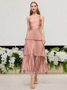 PREMIUM Vestido De Un Hombro Ajustado Tejido Con Pliegues - Rosa - Ver 2