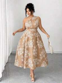 Vestido elegante de mujer de talla grande con estampado floral azul y blanco, elegante y chic para fiestas, graduaciones, vacaciones, festivales, citas, bodas y salidas - Albaricoque 3 - Ver 1