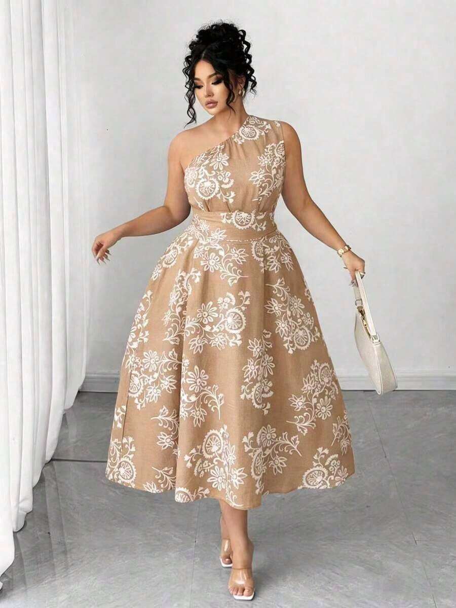 Vestido elegante de mujer de talla grande con estampado floral azul y blanco, elegante y chic para fiestas, graduaciones, vacaciones, festivales, citas, bodas y salidas - Albaricoque 3 - Ver 1