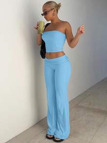 Nueva blusa de sujetador sólido, pantalones largos de trompeta, traje de adelgazamiento de moda para mujeres - Azul - Ver 3