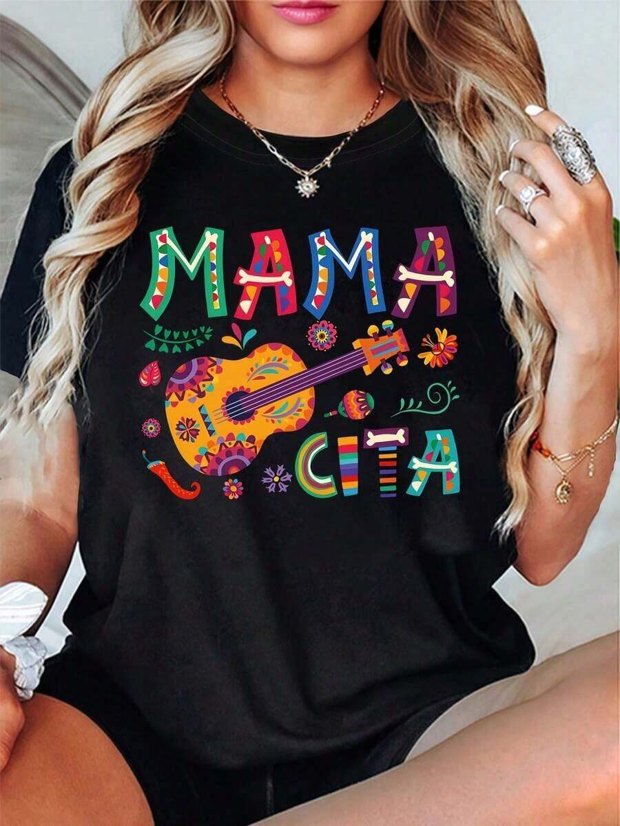 Women's Mexican Style MAMA CITA T-Shirt With Guitar Graphic Print, Short Sleeves And Round Neck, Casual Top For Summer And Spring, Women's Clothing - 黑色 - 查看 1