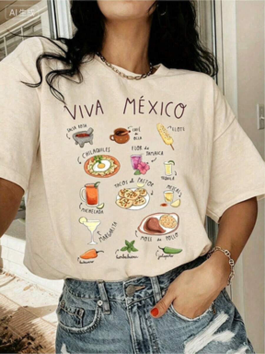 Una camiseta de manga corta para mujer con estilo retro americano, de diseño holgado y estampado (los pantalones son solo sugerencias de estilo). Este artículo sencillo y elegante presenta patrones de texto con temática tropical, siendo un elemento imprescindible para crear un estilo relajado de vacaciones. Es muy adecuado para ocasiones como el Día del Trabajo y el Día de la Independencia de México. La gruesa camiseta multicolor está hecha de 100% algodón con estampados modernos, y es adecuada tanto para hombres como para mujeres. Es un estilo completamente nuevo para primavera/verano/otoño, transpirable y cómodo, sencillo y versátil. - Beis - Ver 1