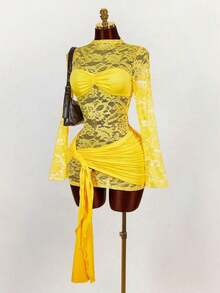 Blusa de encaje para mujer con vestido mini ajustado de tul rojo vintage con cordón en el bajo, estilo bohemio para fiesta - Amarillo - Ver 9