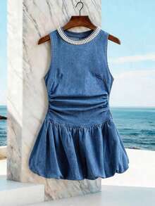 Vestido vaquero mini simple con cuello redondo, sin mangas y plisado de unicolor para mujer - Azul - Ver 1