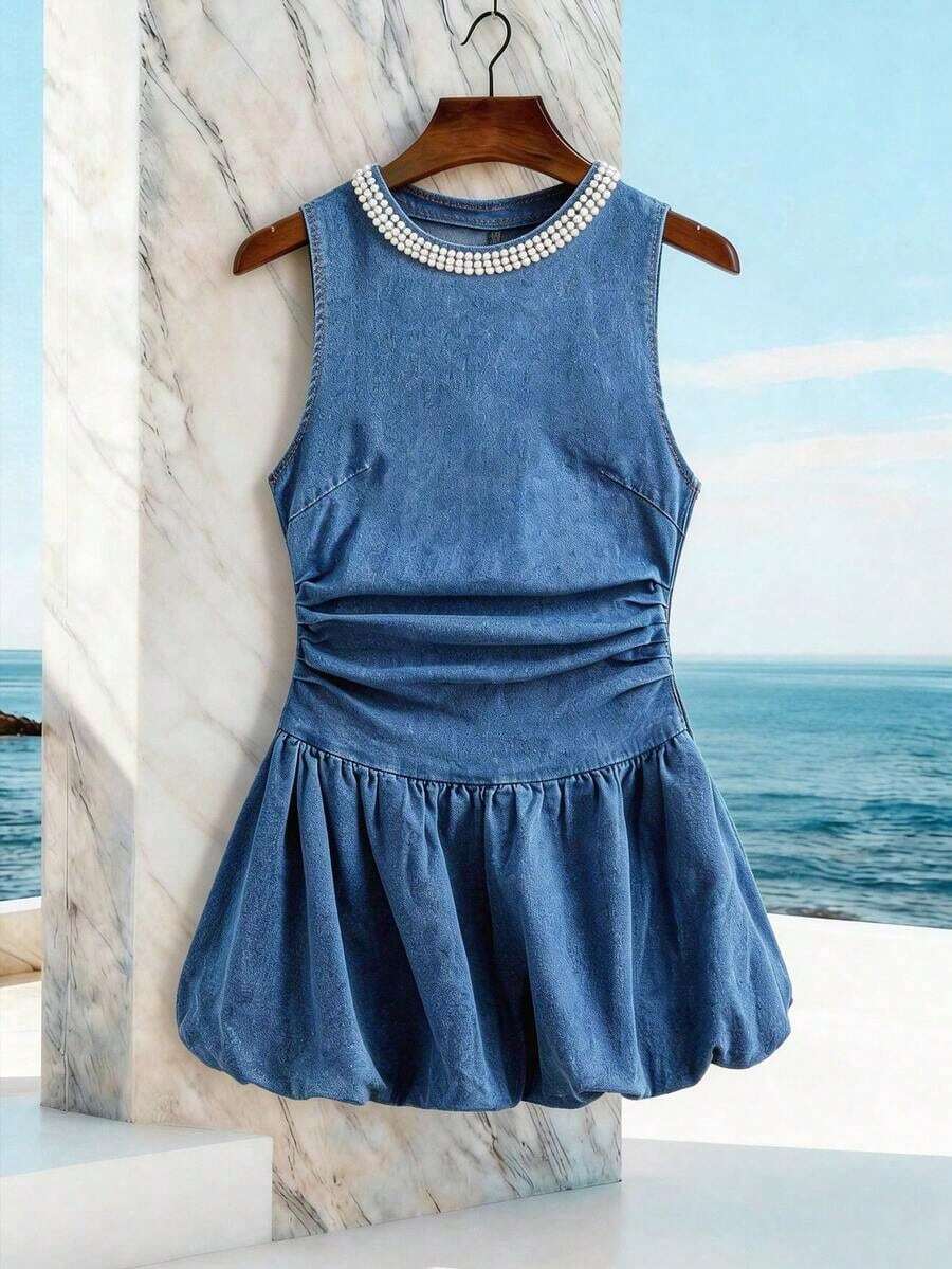 Vestido vaquero mini simple con cuello redondo, sin mangas y plisado de unicolor para mujer - Azul - Ver 1