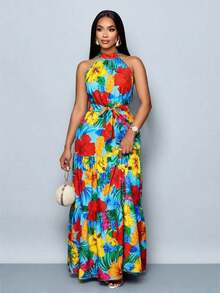 Vestido largo de mujer con estampado floral en todo el vestido, estilo halter con cinturón, fluido para vacaciones - Azul 2 - Ver 6