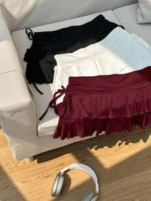 Set de 3 faldas casuales minimalistas con pliegues en la cintura en color negro, blanco y rojo vino, adecuadas para conciertos, cruceros y clubes - Multicolor 5 - Ver 3