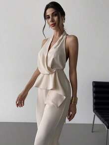 Conjunto de dos piezas de top sin mangas con cuello en V asimétrico elegante y romántico, y pantalones rectos holgados de color caqui, adecuado para verano, playa, vacaciones - Caqui - Ver 4