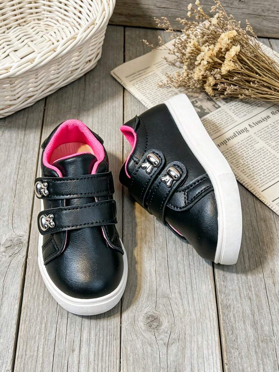 1雙兒童/幼兒黑色休閒運動鞋，附兔子裝飾，百搭可愛，黑色鞋面耐穿且易於搭配牛仔褲，適合春/夏/秋季 - 黑色 - 查看 1