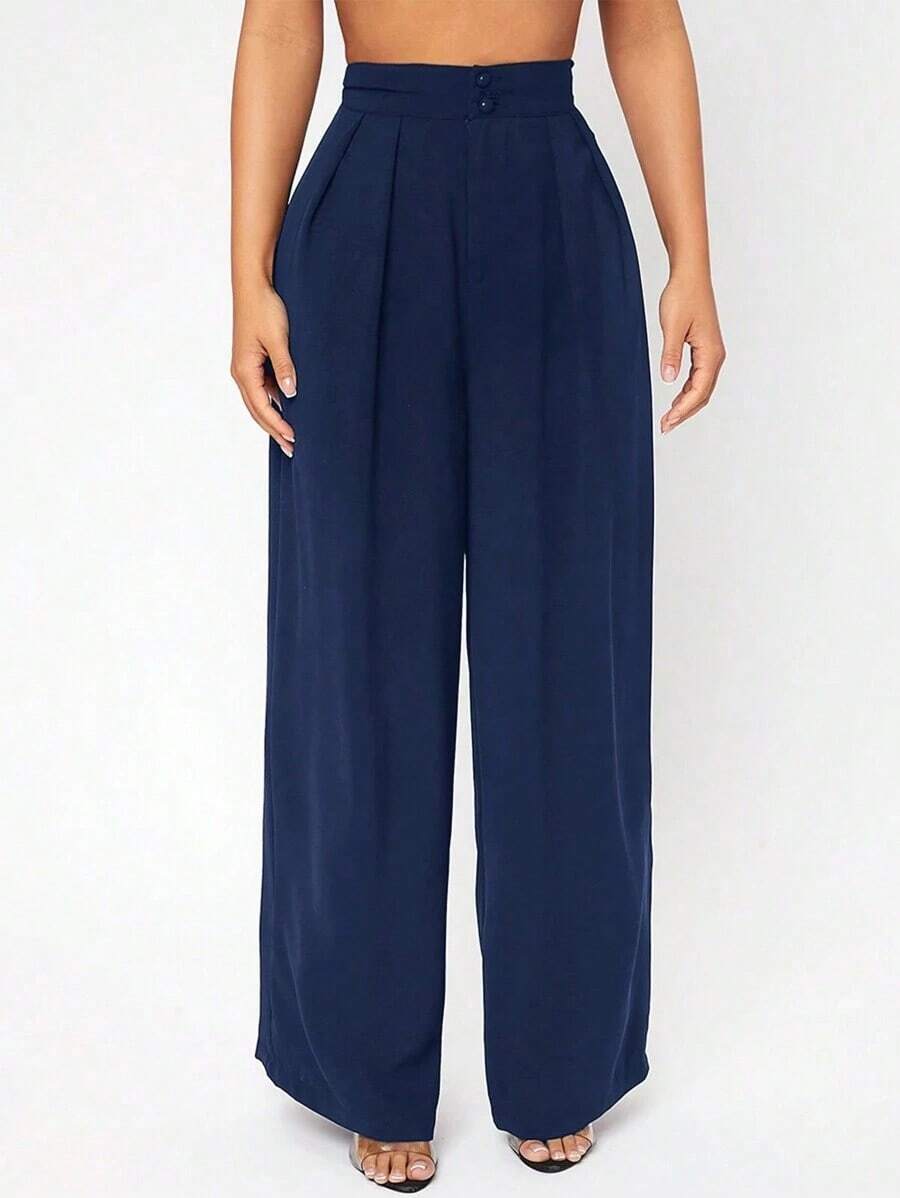 PETITE Pantalones De Vestir De Pierna Ancha Con Pliegues En La Cintura Alta - Azul marino - Ver 1