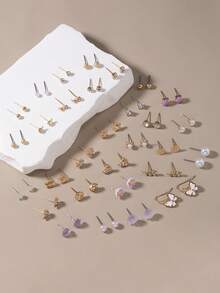 30pcs Elegant Earring Set, Flower, Rhinestone, Faux Pearl, Metal, Delicate Heart-Shaped, Non-Repetitive Earrings Combination, Suitable For Women To Wear On Dates, Parties, Holidays, Gifts - Multicolor - View 2