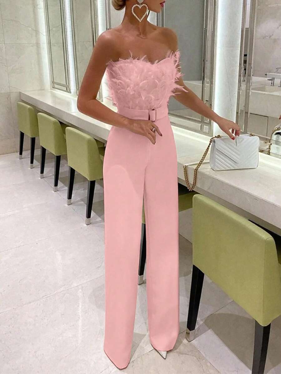 Elegant And Sensual Jumpsuit With Feather Strap - Pink - View 1