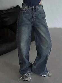 Jeans rectos con bordado de lazo para mujer - Azul lavado medio - Ver 5