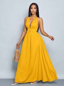 xheSOLERSUN Vestido largo de mujer de unicolor con escote halter en V para vacaciones y playa, con espalda cruzada y anudada, ideal para vacaciones y playaxhe - Amarillo - Ver 7