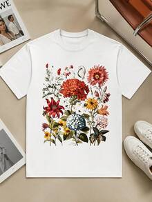 Woman's Casual Short Sleeve-Shirt Printed With Vintage Botanical And Floral Patterns Graphic-Shirt Summer Clothes Oversized Camiseta Streetwear Casual Round Neck Cotton Fashion Summer Outfits Women Loose Fit Tee Daily Outfit - 白色 - 查看 17