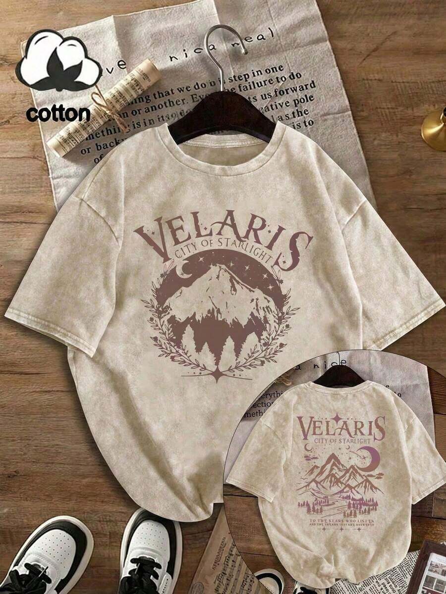 Velaris ACOTAR, Velaris City Of Starlight, Women's Black Washed Crew Neck Short Sleeve T-Shirt, Slim Fit, Punk Style, Versatile, Korean Style, Comfortable, Retro, Y2k Style, From The Washable Retro Series Of Pure Cotton T-Shirts, Makes It Easy To Create Retro Casual Wear. They Are Suitable For Daily Commutes, Leisure Outings, And Everyday Outfits. Classic Retro Style Women's Clothing - 杏色 - 查看 1
