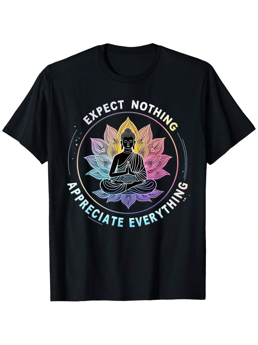 Camiseta de Yoga Espiritual - Frase motivadora "Espera con ansias lo que viene, sé agradecido por todo", diseño floral vibrante, suave 100% algodón, camiseta transpirable de cuello redondo, adecuada para actividades diarias, ropa casual, ropa transpirable. |   Camiseta con Frase Motivacional |   Ajuste cómodo - Negro - Ver 1