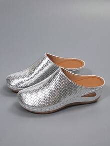 Elegant Fashion Women's New Platform Slip-On Mules, Comfortable Soft Sole Suitable For Spring/Autumn, Home, Walking, Commuting - Silver - View 3