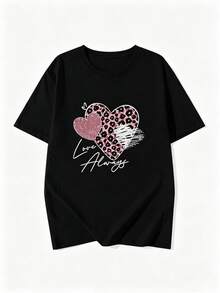 Playera blanca holgada para mujer cuello redondo manga corta, modelo nuevo de verano con estampado de leopardo en forma de corazón.Estilo casual súper versátil y muy a la moda, cómoda para uso diario, salidas relajadas y armar looks frescos de temporada. WN2J - Negro - Ver 5
