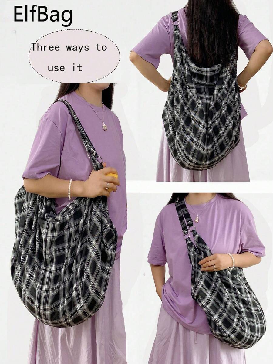大容量格子图案单肩包,女士斜挎包,休闲百搭手提包,适合工作、学习、旅行 - 黑色 - 查看 1