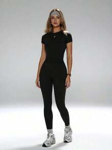 Conjunto de yoga para mujer, pantalones deportivos de cintura alta, conjunto deportivo moldeador de 2 piezas, conjunto de yoga con control de abdomen, camiseta de cuello redondo ajustada emparejada con pantalones de yoga de cintura alta, conjunto esen - Negro - Ver 5