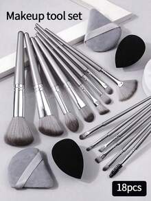 18pcs Premium Makeup Brush Set, Including Foundation Brush, Makeup Sponge Sponge, Face Makeup Brushes - Silver - View 6