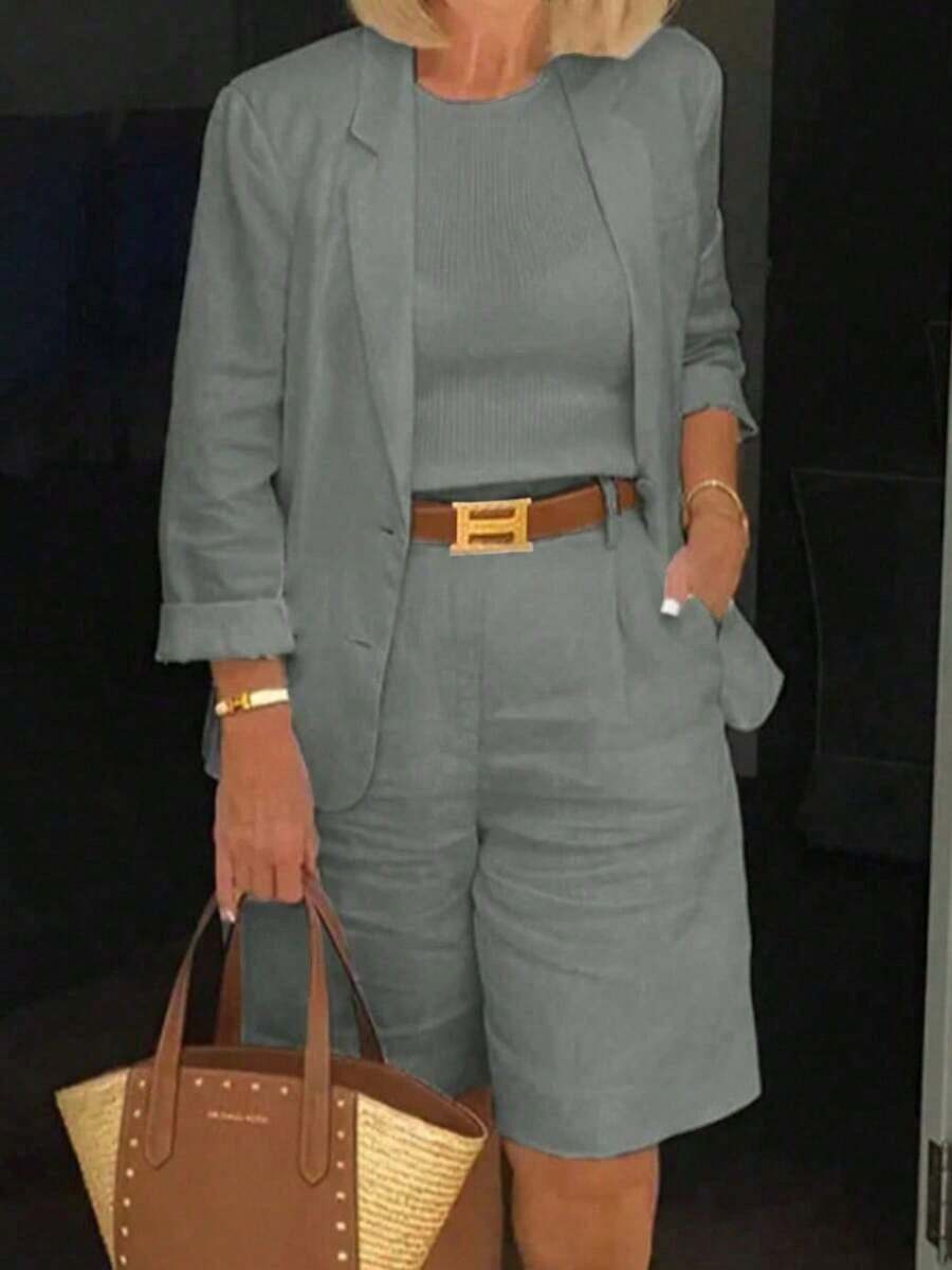 Conjunto casual de 2 piezas de chaqueta de manga larga con cuello moteado de un solo botonadura y pantalones cortos de unicolor para mujer, primavera - Gris - Ver 1