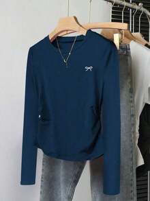 Camiseta casual de mujer de cuello redondo y manga larga con decoración de lazo - Azul marino - Ver 5