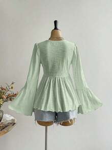 Blusa casual de mujer con mangas acampanadas en color amarillo, estilo bohemio adecuada para Pascua, playa, Hawái, festival de música Coachella, vacaciones tropicales - Verde - Ver 3