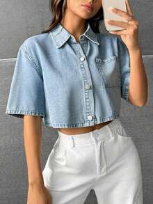 Camisa vaquera corta lavada informal para mujer - Lavado ligero - Ver 6