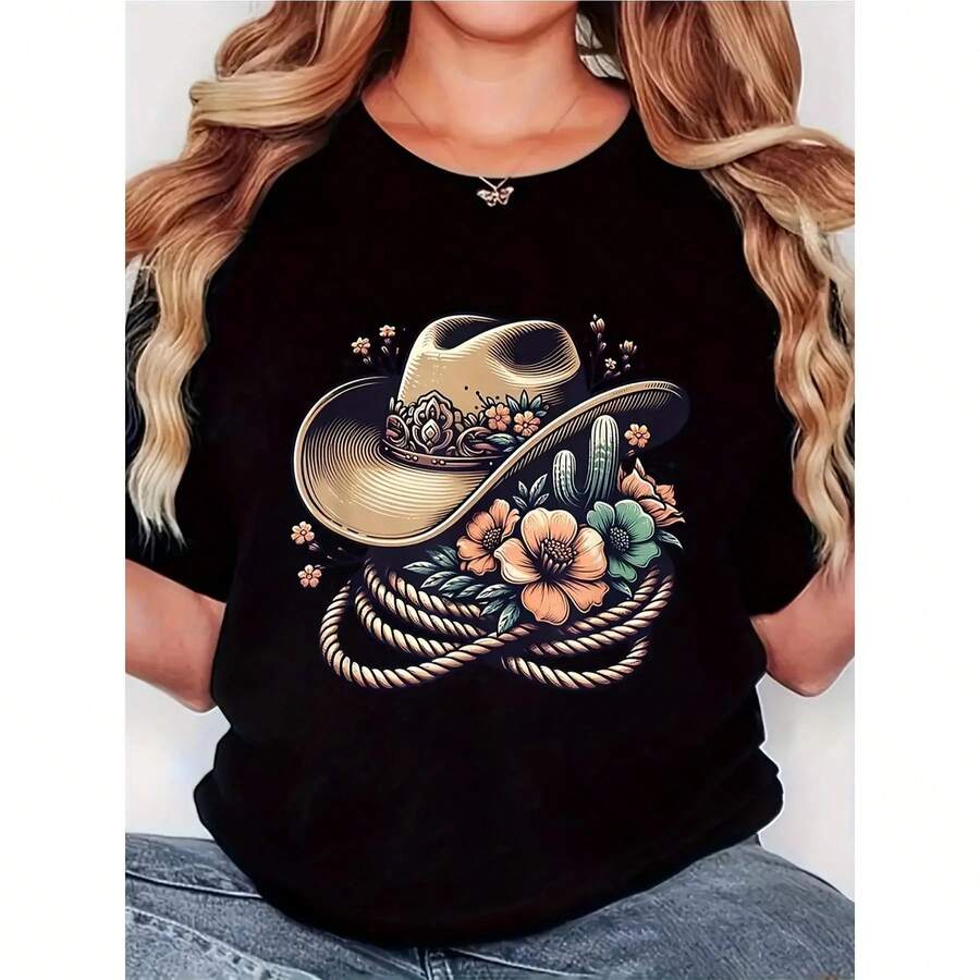 Camiseta de Mujer Retro con Estampado de Sombrero de Vaquero Floral - Camiseta Negra Estilo Occidental con Detalles de Cactus y Cuerda, Tejido Suave y Transpirable, Corte Cómodo de Manga Corta y Cuello Redondo, Lavable a Máquina, Camiseta Casual de Verano - Negro - Ver 1