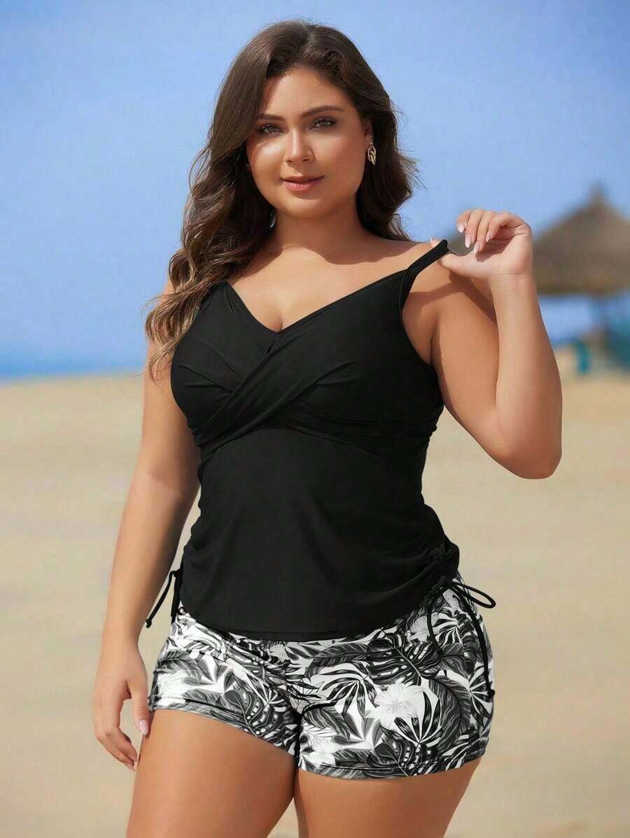Swim Lushoire Set de 2 piezas de tankini con estampado floral para mujeres de talla grande - Negro 3 - Ver 1