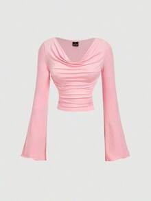 Conjunto de camiseta de manga larga ajustada con cuello de volantes, mangas acampanadas y plisadas en 3 colores - Multicolor 2 - Ver 10