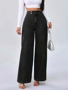 Tall Pantalones vaqueros para mujer de cintura alta, estilo casual, pierna ancha y recta, color azul, para mujeres de estatura alta - Negro - Ver 1